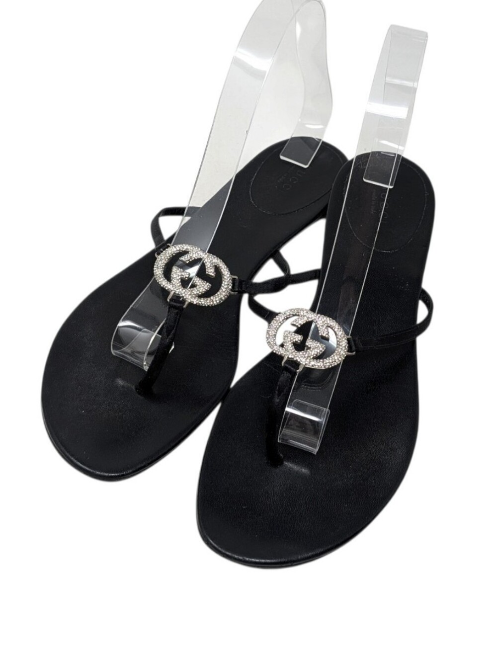 Gucci Black Leather Crystal Interlocking GG Logo Thong Sandals Size 9B - Picture 2 of 8